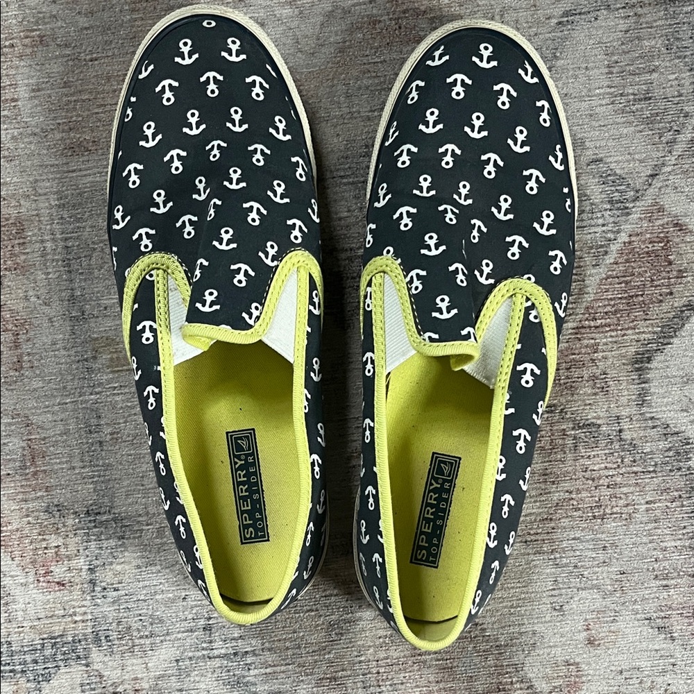 Sperry Anchor Print Slip-On Sneakers - navy, yellow and White